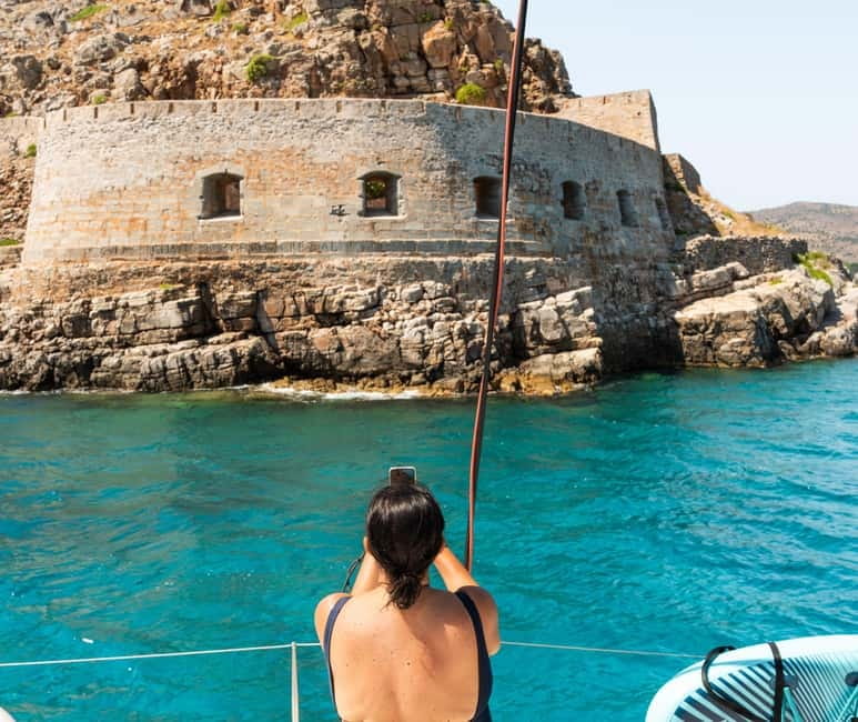 Agios Nikolaos: Spinalonga and Kolokytha Catamaran with Meal - Leaving Agios Nikolaos for Mirabello Gulf