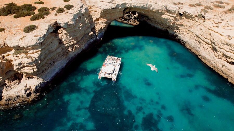 Albufeira: Caves and Coastline Catamaran Cruise to Benagil - Praia da Marinha and the approach to Benagil