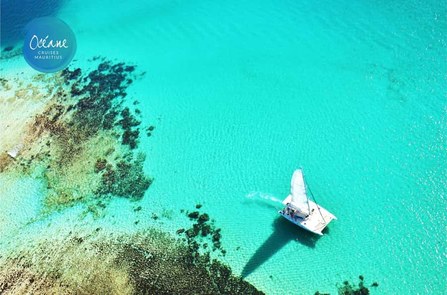 Île aux Cerfs: Private Catamaran Cruise with Gourmet Lunch - Grand River South East Waterfall from the water