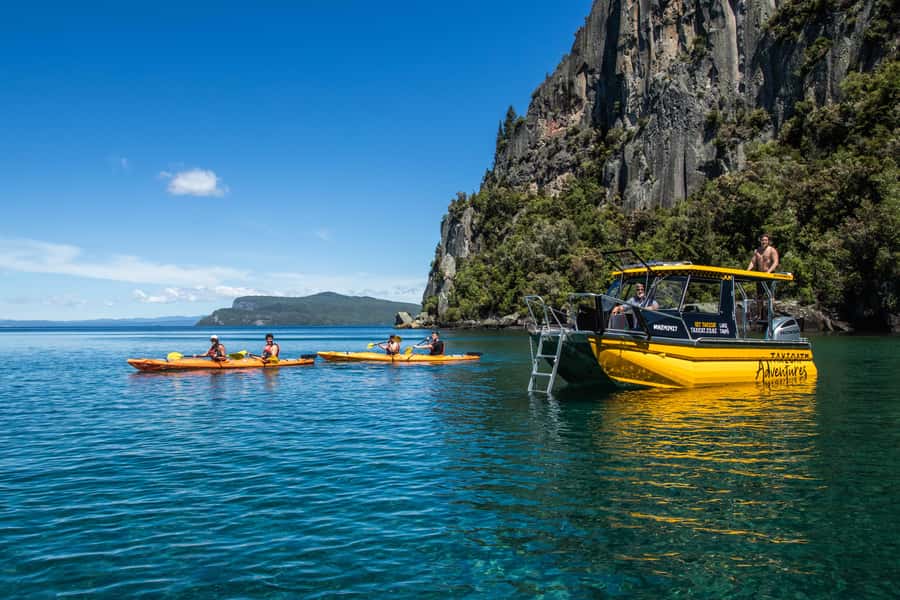 Kinloch: Lake Taupo Catamaran Cruise with Paddleboarding - Karangahape Cliffs rising above the water