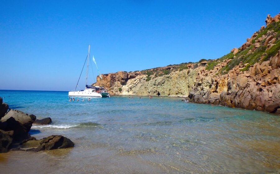 Milos: Full-Day Catamaran Cruise to Poliegos and Kleftiko - Kalogries Bay at Cape Vani: your first swim