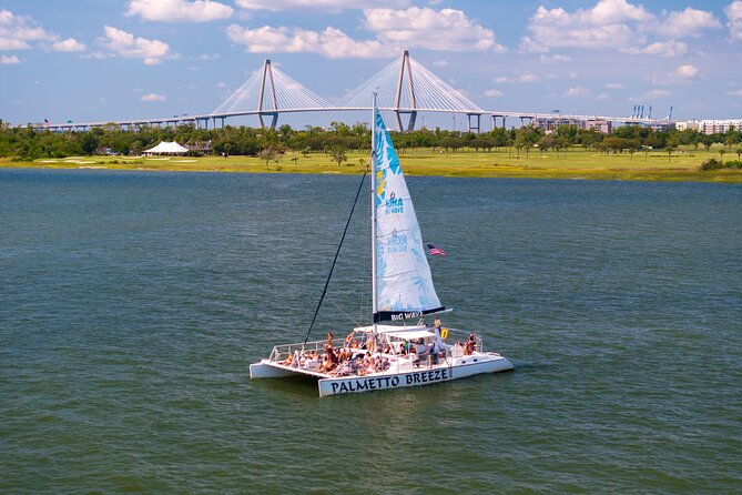 Morning Charleston Harbor Sail Lux Catamaran Shade and Seating - Fort Sumter, the Ravenel Bridge, and the peninsula