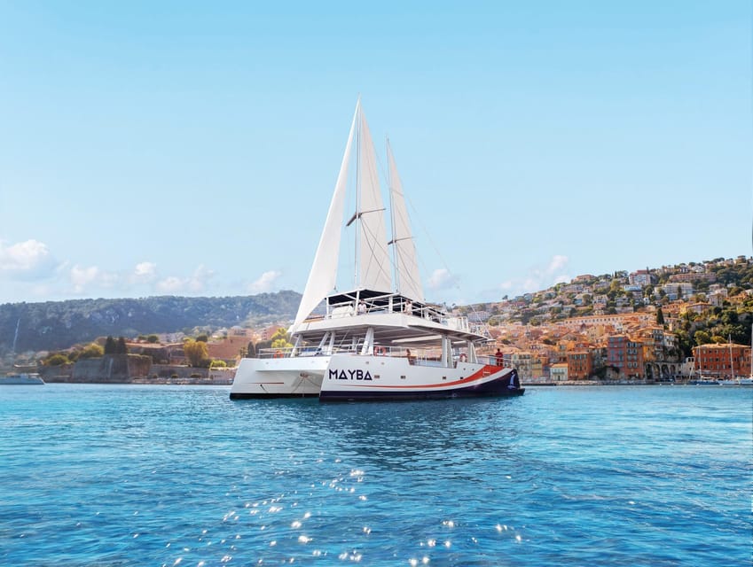 Nice : Dinner at Sea on a Maxi Catamaran - Villefranche, Cap Ferrat - Leaving Nice at sunset on the Mayba