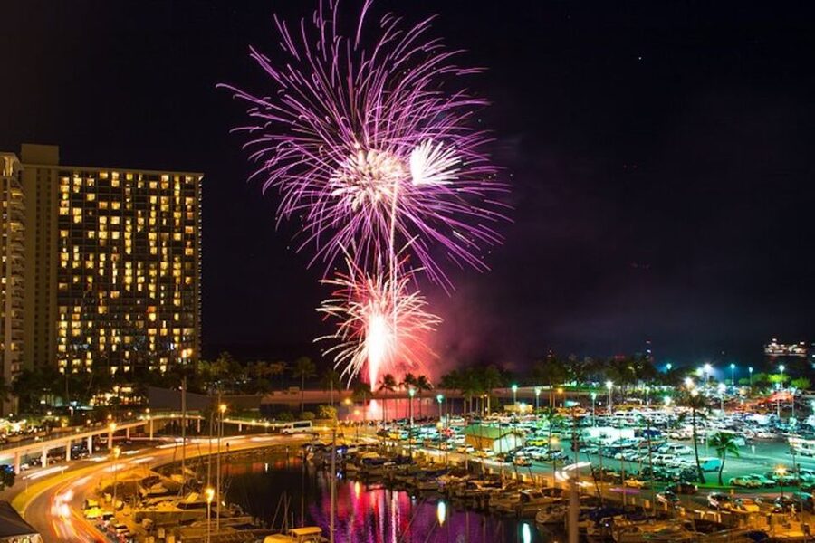 Oahu: Waikiki Friday Night Fireworks Catamaran (Wahine Koa) - Setting out from Ala Wai Boat Harbor