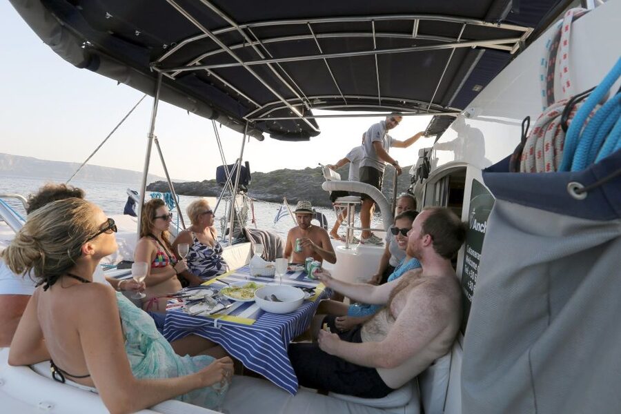 Santorini: 7-Hour Private Catamaran Cruise with Food & Drink - Mesa Pigadia saves the best light for last