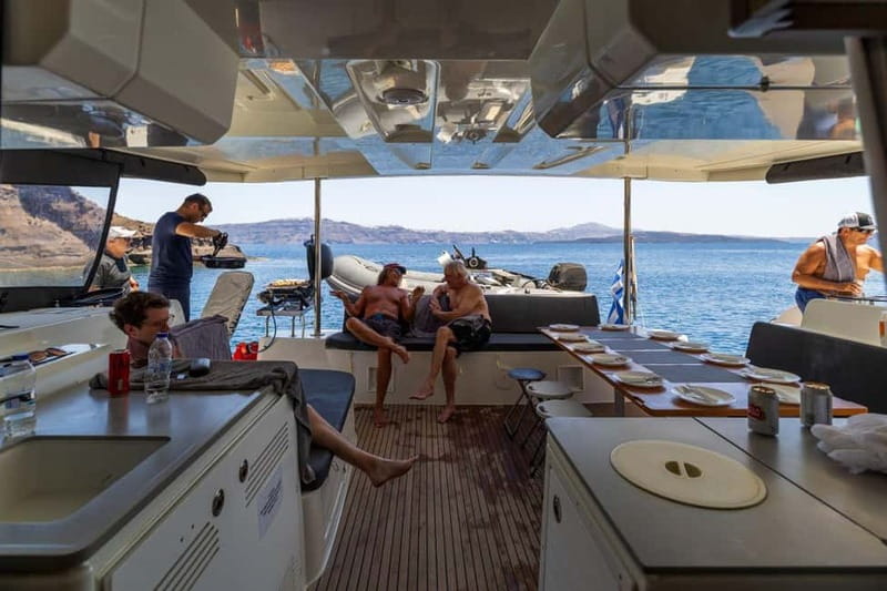 Santorini: Catamaran Cruise with Fresh Meal & Open Bar - Fresh lunch or dinner on a moving boat