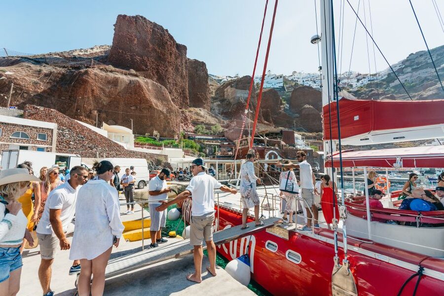 Santorini: Catamaran Tour with BBQ Dinner, Drinks, and Music - Morning sailing or sunset cruise?