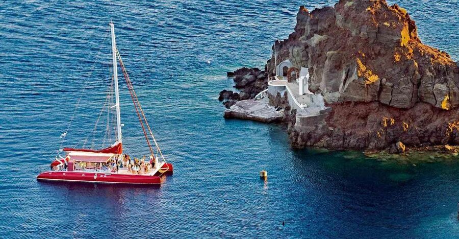 Santorini: Cruise Catamaran with BBQ & Drinks Day or Sunset - Pickup from Thera and the ride to the port
