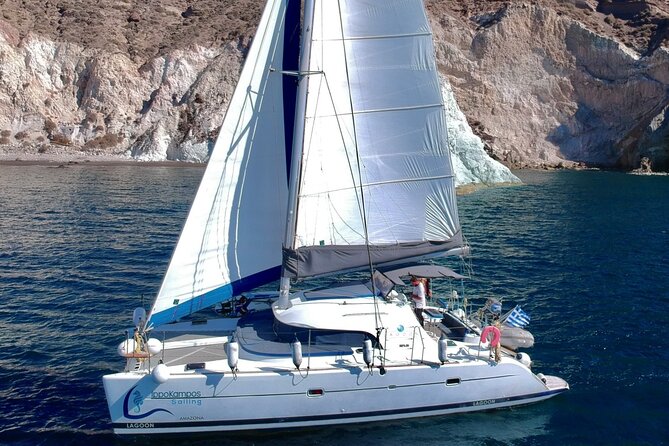 Santorini: Full-Day Catamaran Cruise, with Food|Drinks - Three hours along Santorini’s volcanic coast