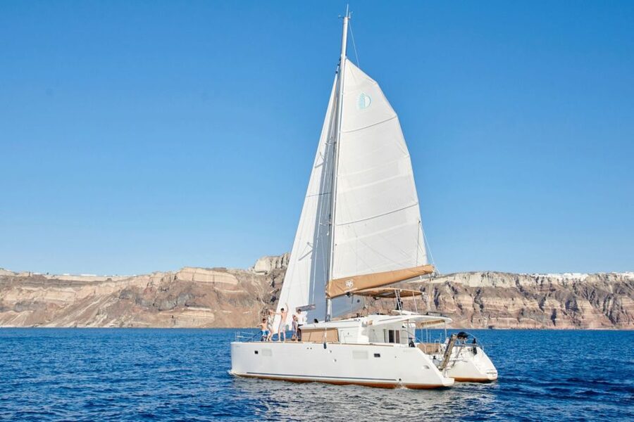 Santorini Gold Catamaran Cruise with Snorkel, BBQ & Open Bar - The volcano hot springs and the sulfur warning