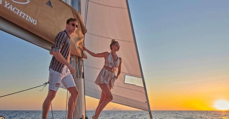 Santorini Gold Catamaran Cruise with Snorkel, BBQ & Open Bar - Red Beach and the first swim
